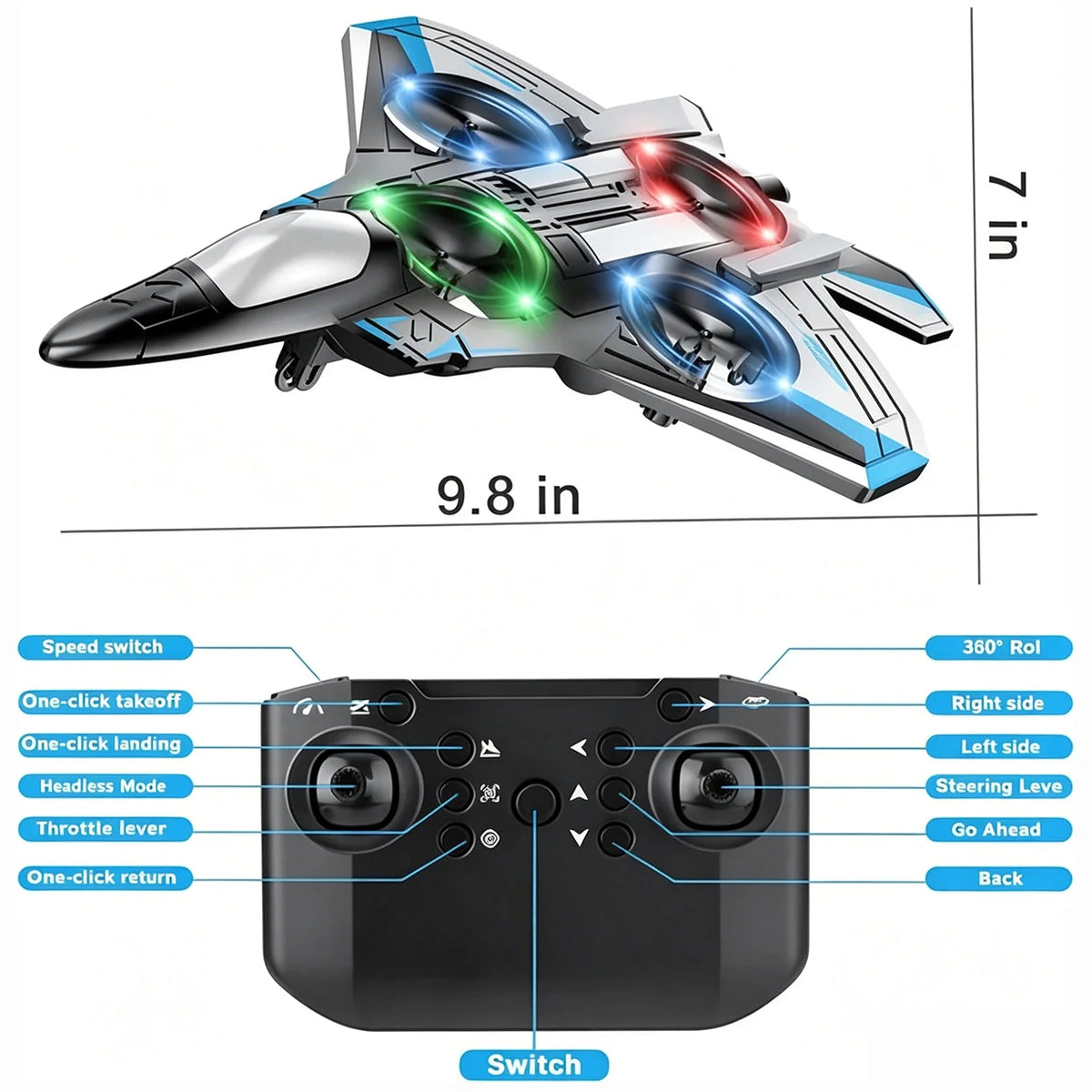 Remote Control Fighter Jet 360° Stunts LED Lights Shock-Resistant