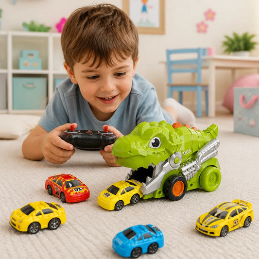 Remote-Controlled Dinosaur Truck Swallows Toy Cars