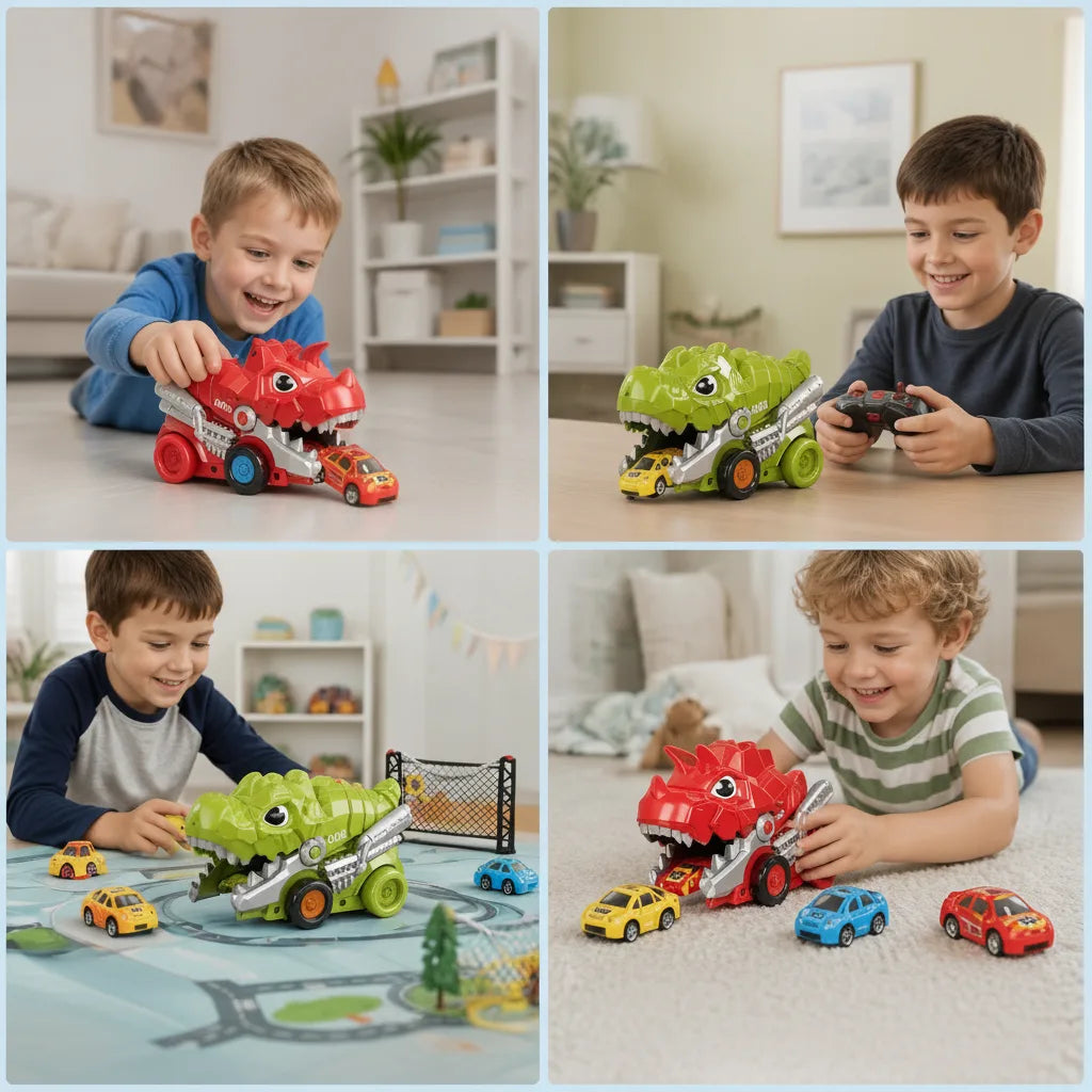 Remote-Controlled Dinosaur Truck Swallows Toy Cars