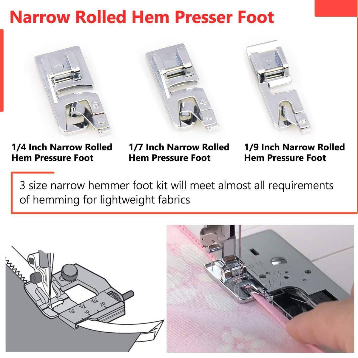 Rolled Hem Foot One-Step Hemming Multiple Widths