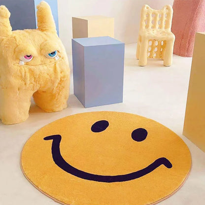 Round Rug Soft Fleece Smiley Design Machine Washable