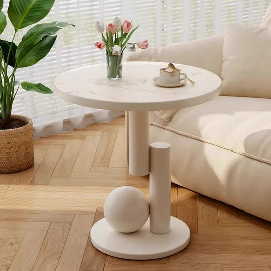 Round Side Table Marble-Look Top & Sculptural Wood Base