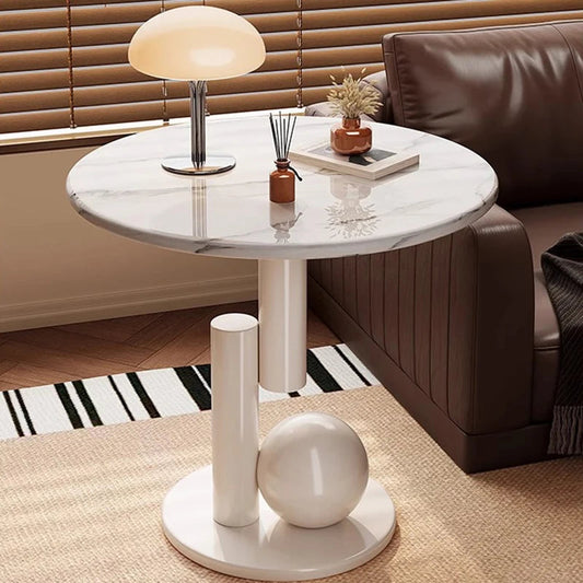 Round Side Table Marble-Look Top & Sculptural Wood Base