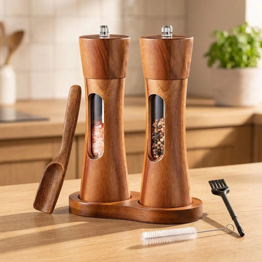Salt And Pepper Grinder Set Adjustable Fine To Coarse Clear Viewing Window
