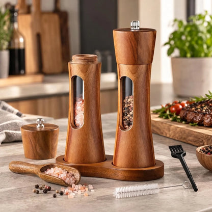 Salt And Pepper Grinder Set Adjustable Fine To Coarse Clear Viewing Window