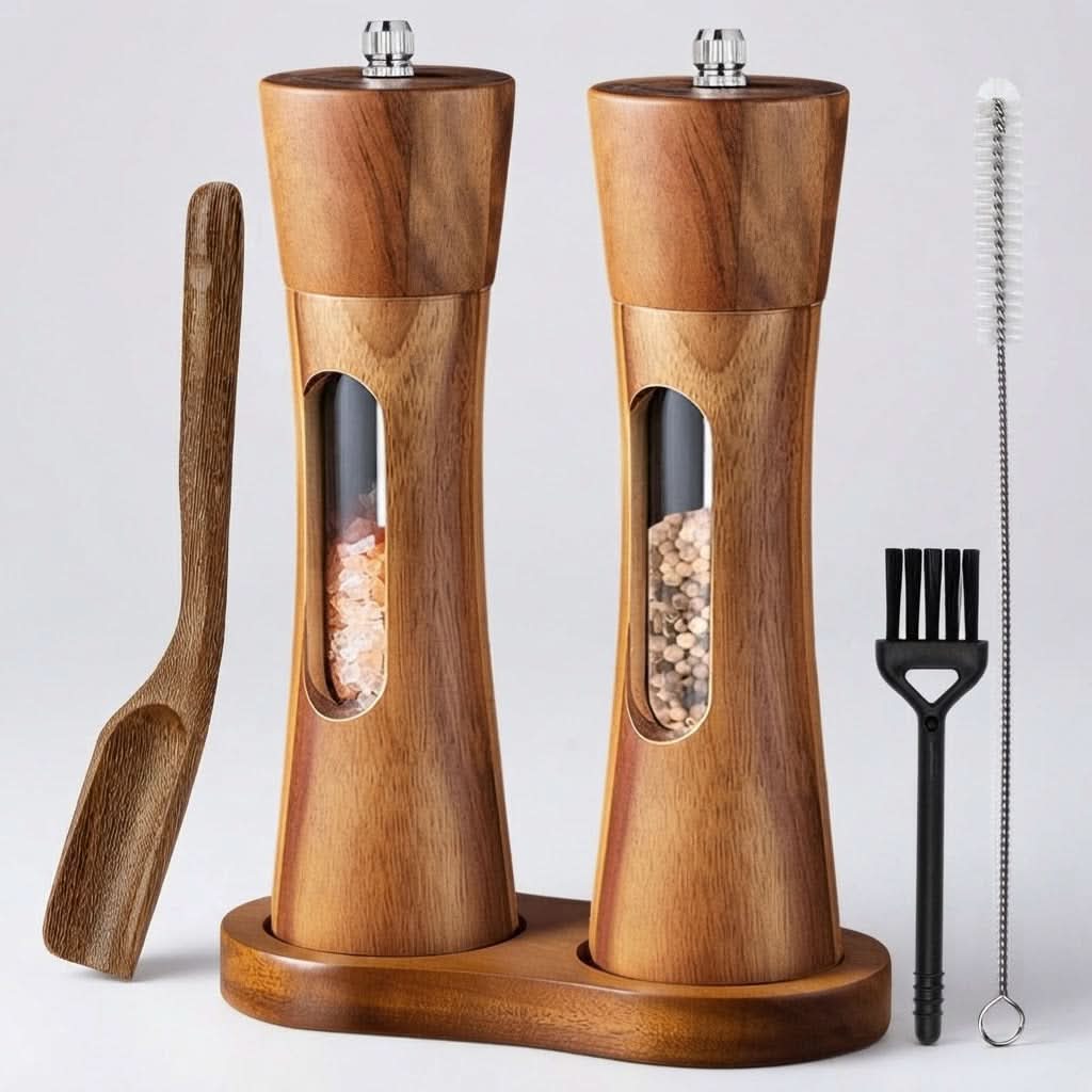 Salt And Pepper Grinder Set Adjustable Fine To Coarse Clear Viewing Window