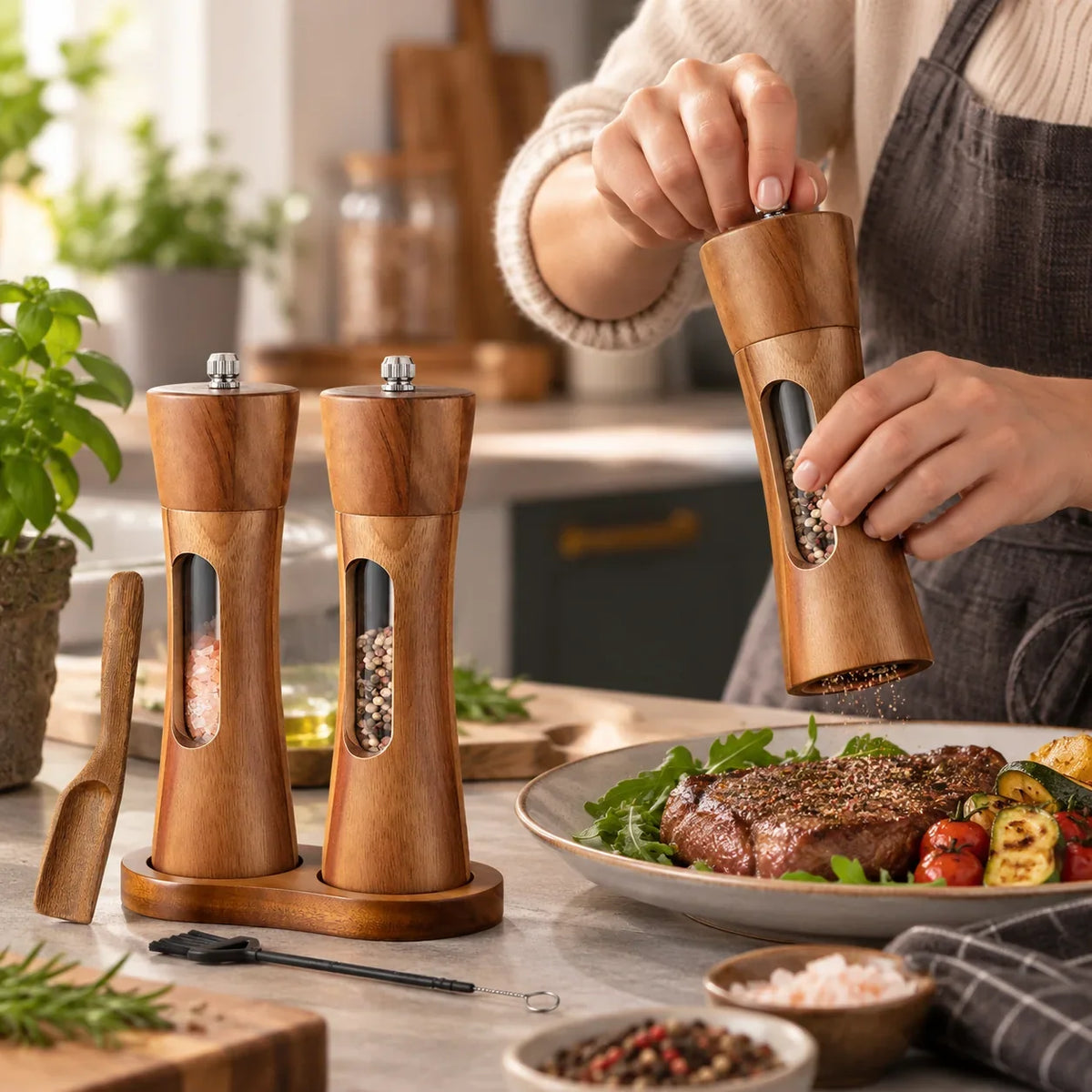 Salt And Pepper Grinder Set Adjustable Fine To Coarse Clear Viewing Window