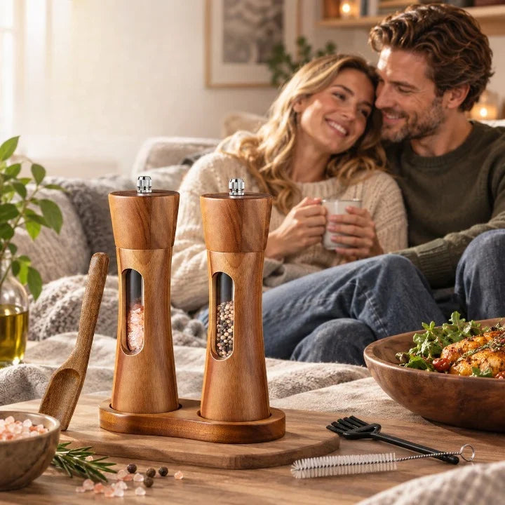Salt And Pepper Grinder Set Adjustable Fine To Coarse Clear Viewing Window