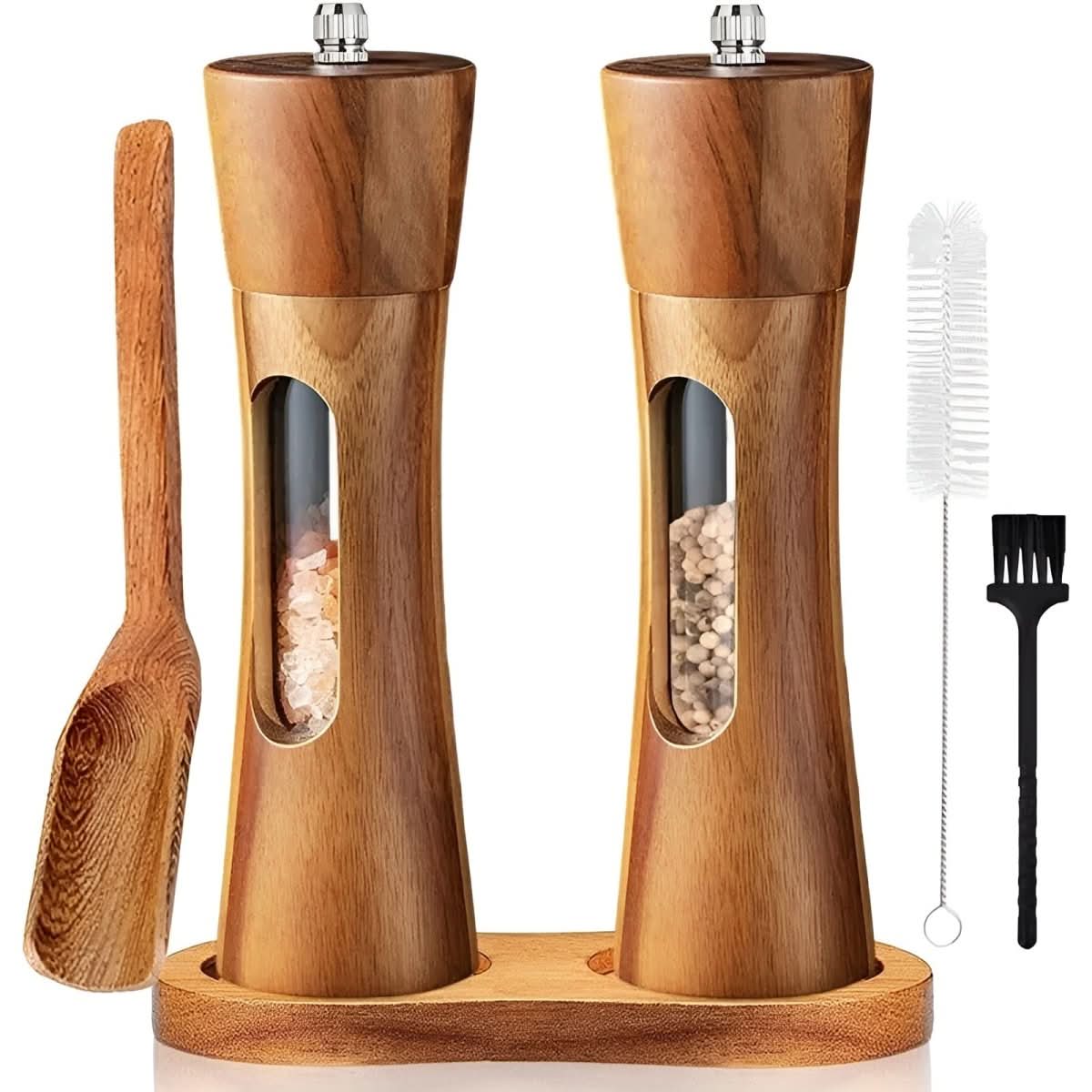 Salt And Pepper Grinder Set Adjustable Fine To Coarse Clear Viewing Window