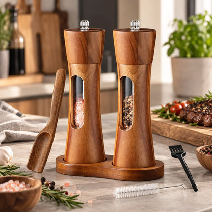 Salt And Pepper Grinder Set Adjustable Fine To Coarse Clear Viewing Window