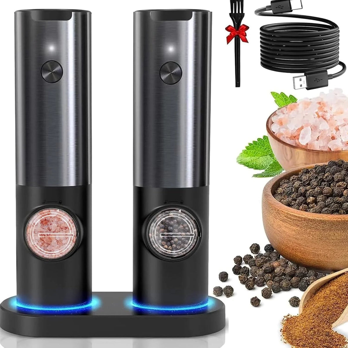 Salt & Pepper Grinder Set USB-C Rechargeable Adjustable Grind