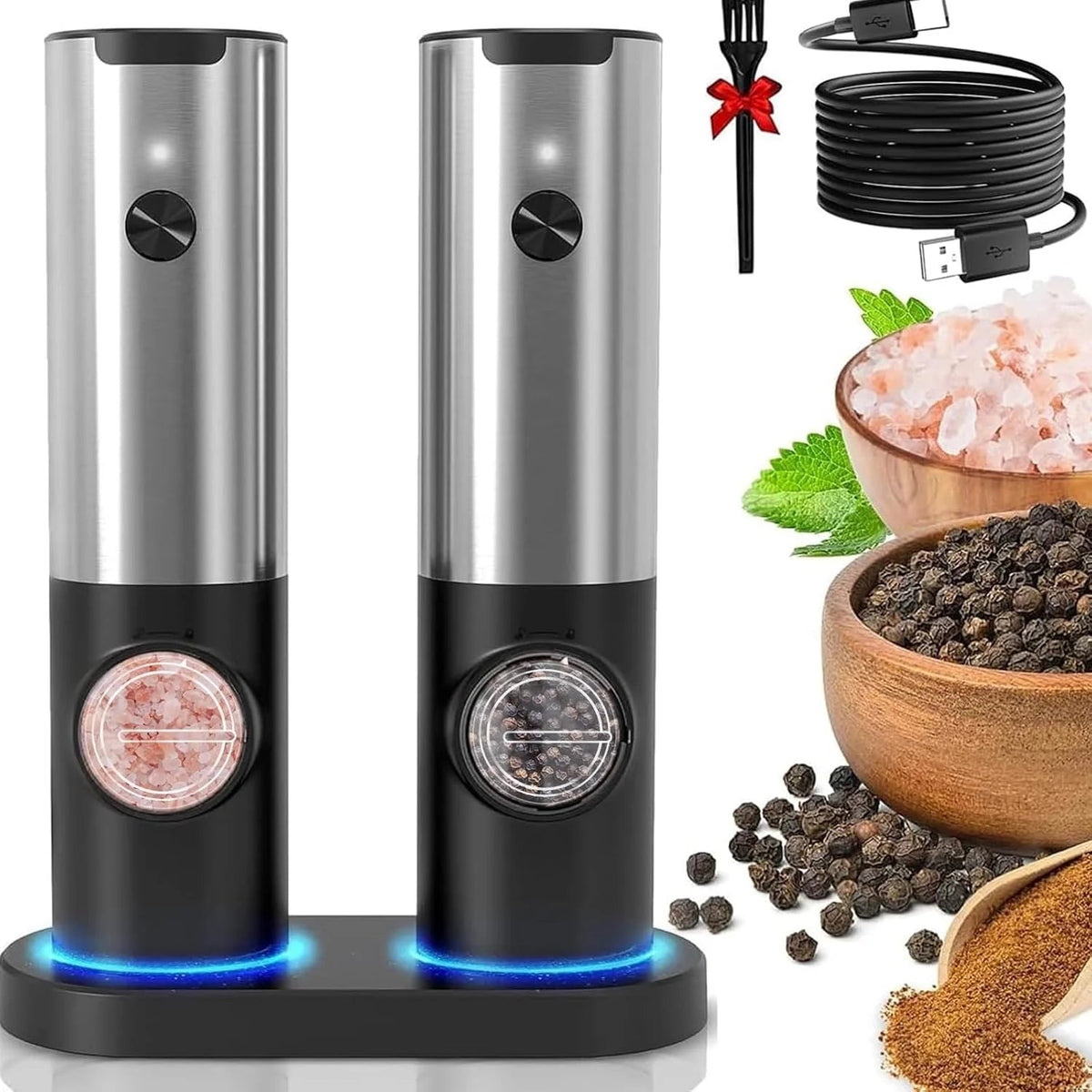 Salt & Pepper Grinder Set USB-C Rechargeable Adjustable Grind