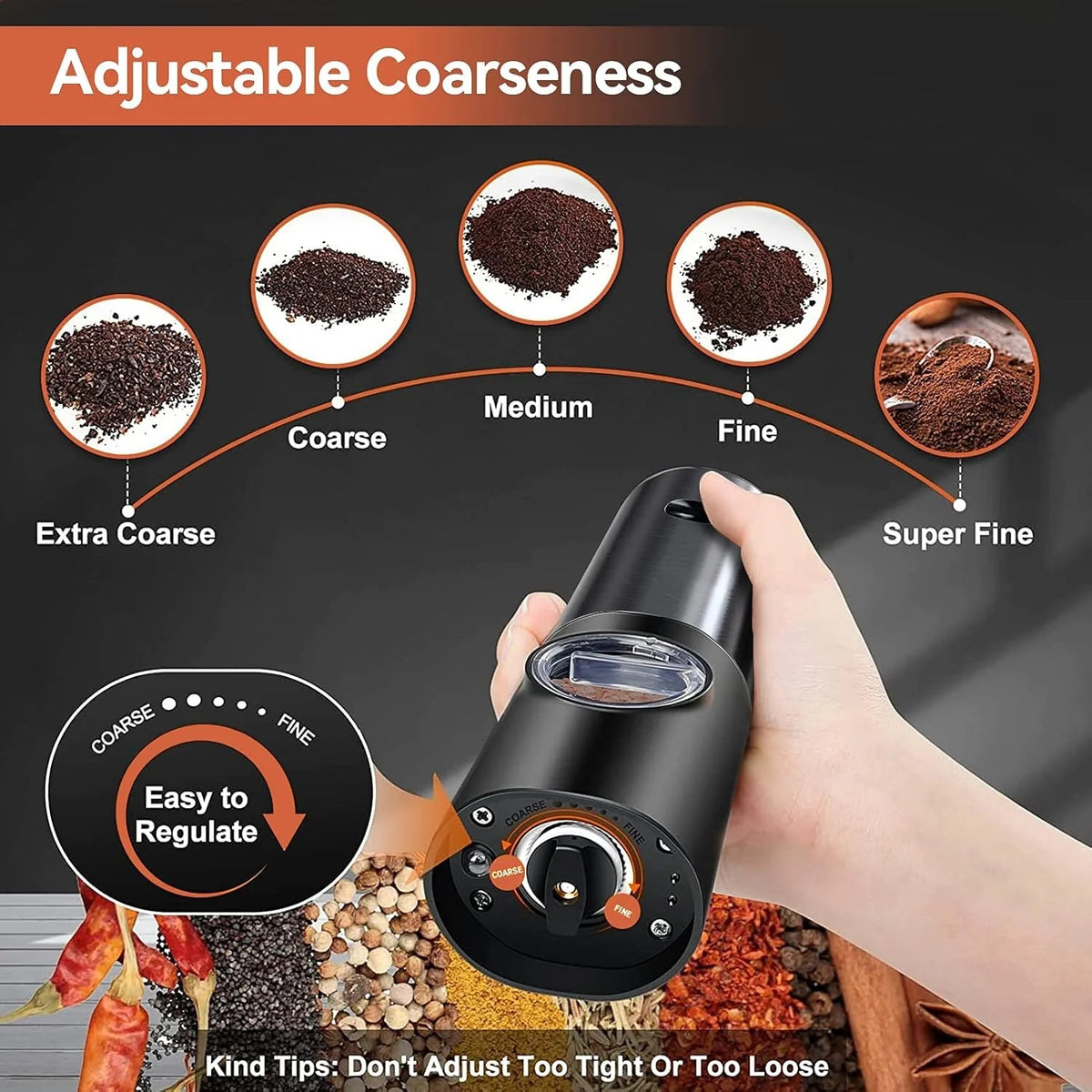 Salt & Pepper Grinder Set USB-C Rechargeable Adjustable Grind
