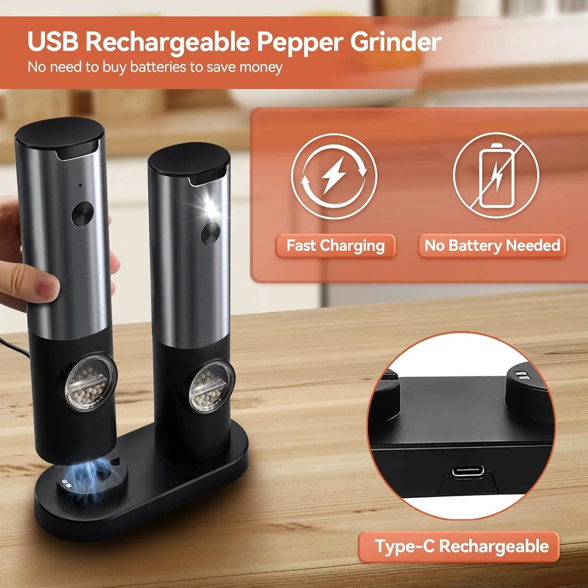 Salt & Pepper Grinder Set USB-C Rechargeable Adjustable Grind