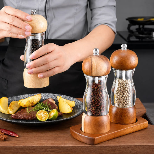 Salt & Pepper Mill Set Natural Wood Glass Refillable