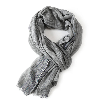 Scarf Cotton Linen Striped Lightweight With Fringe