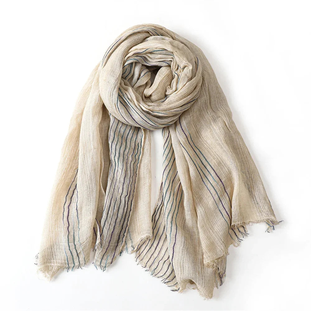 Scarf Cotton Linen Striped Lightweight With Fringe