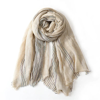 Scarf Cotton Linen Striped Lightweight With Fringe