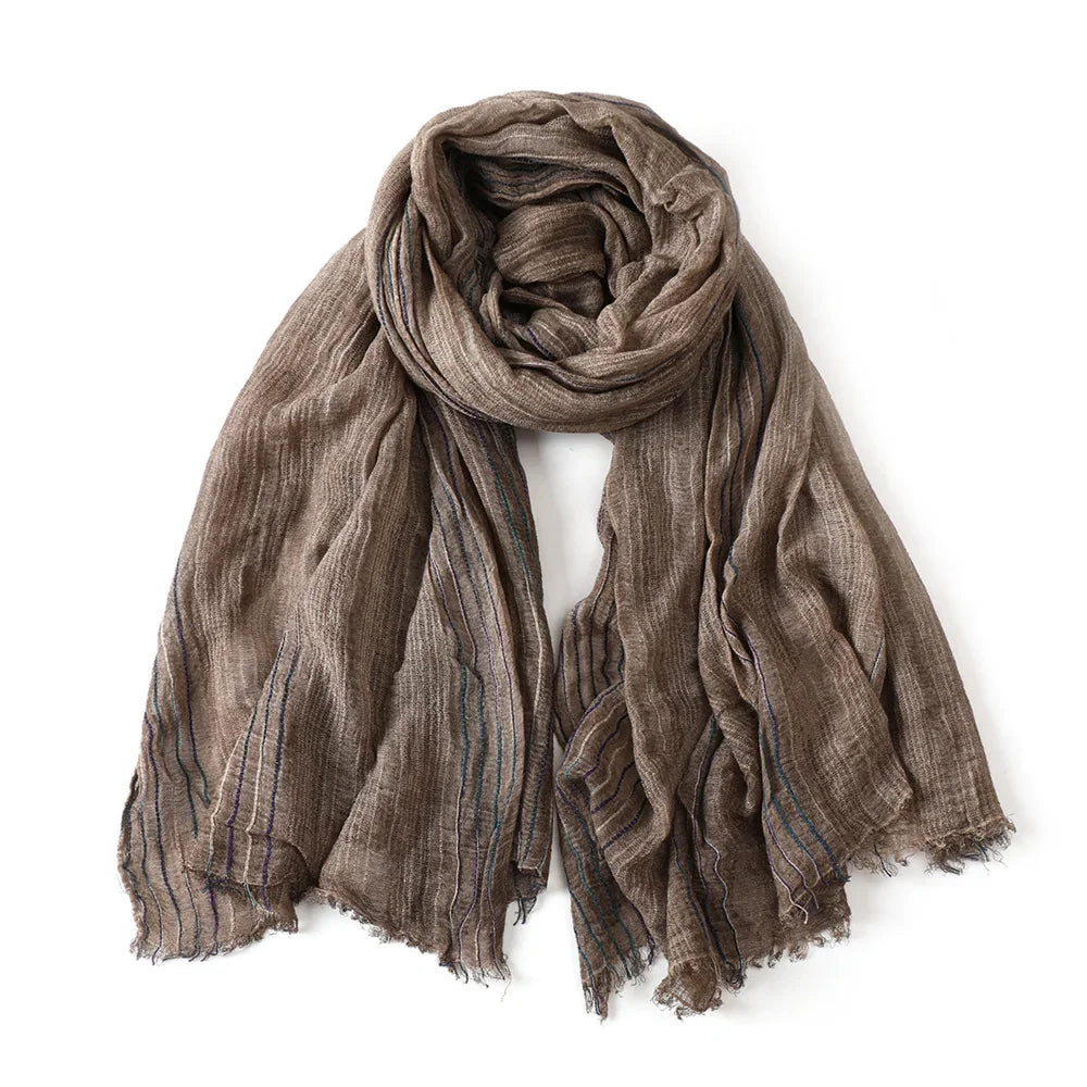 Scarf Cotton Linen Striped Lightweight With Fringe