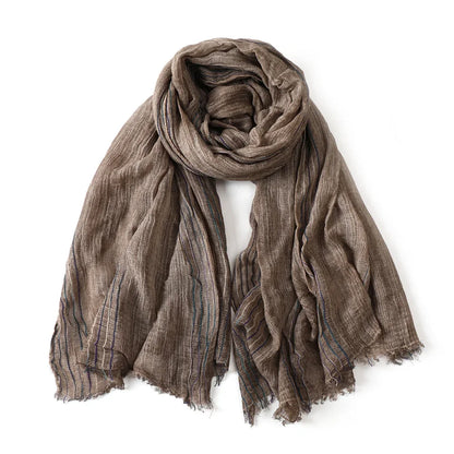 Scarf Cotton Linen Striped Lightweight With Fringe