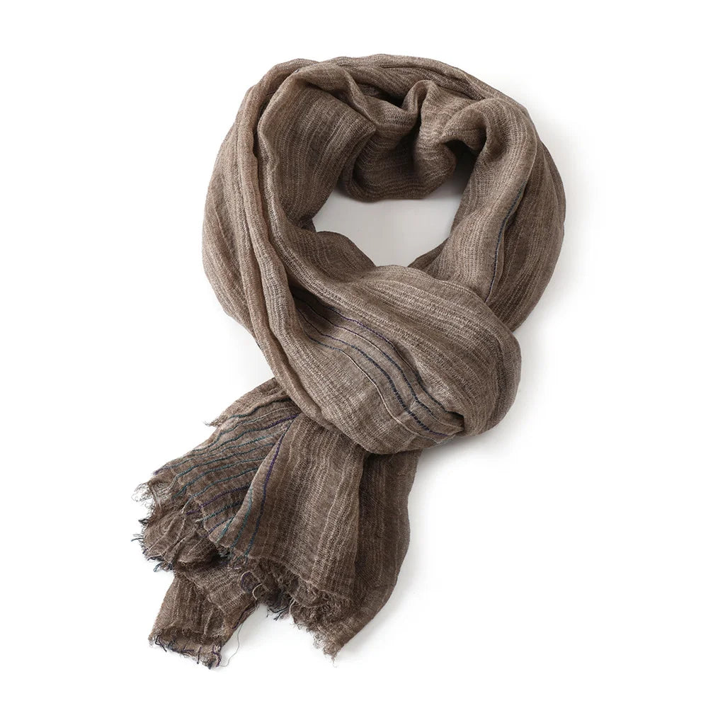 Scarf Cotton Linen Striped Lightweight With Fringe