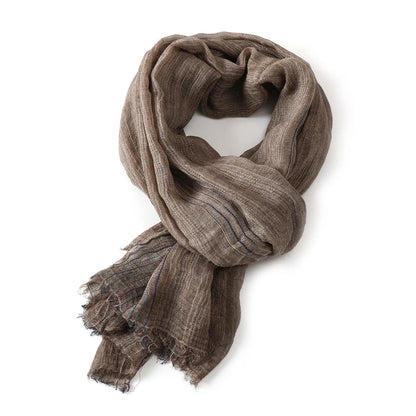 Scarf Cotton Linen Striped Lightweight With Fringe
