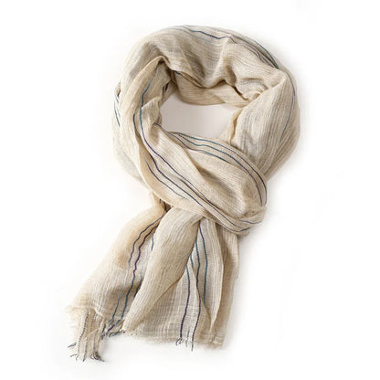 Scarf Cotton Linen Striped Lightweight With Fringe