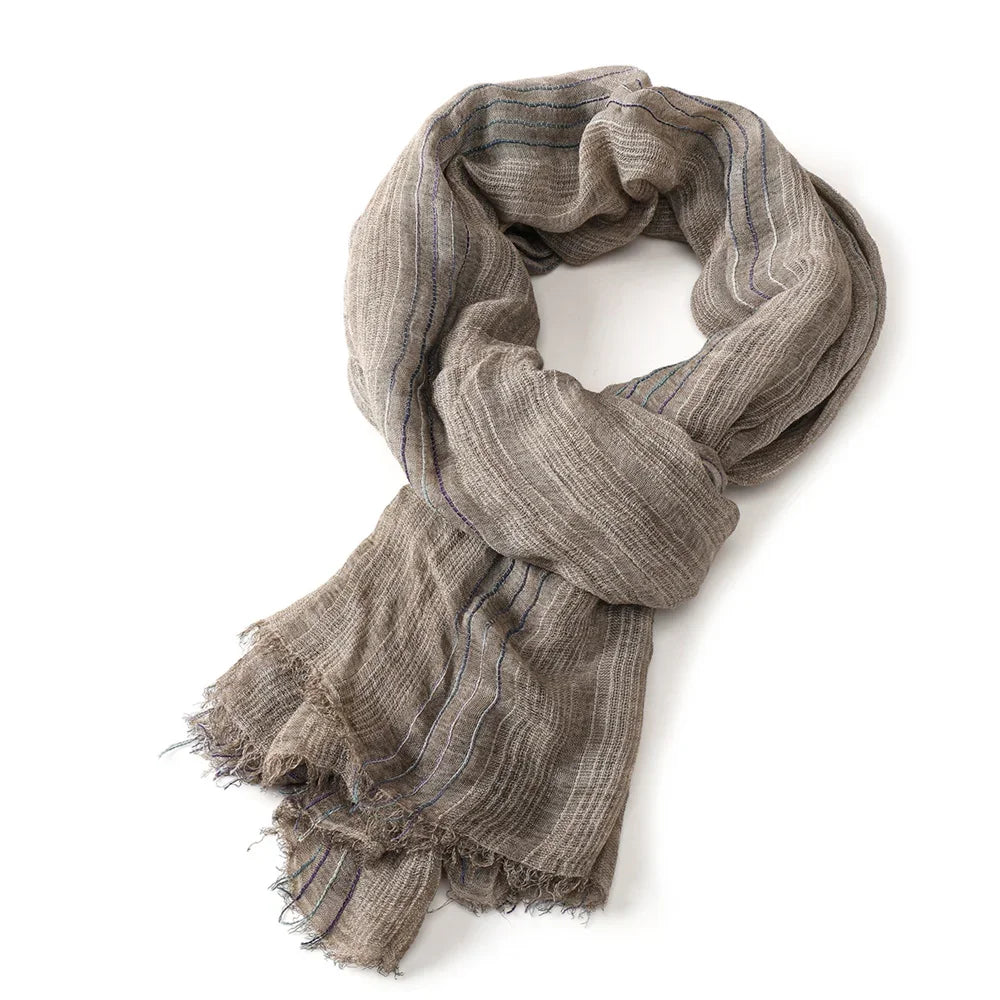 Scarf Cotton Linen Striped Lightweight With Fringe