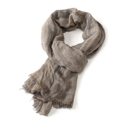 Scarf Cotton Linen Striped Lightweight With Fringe