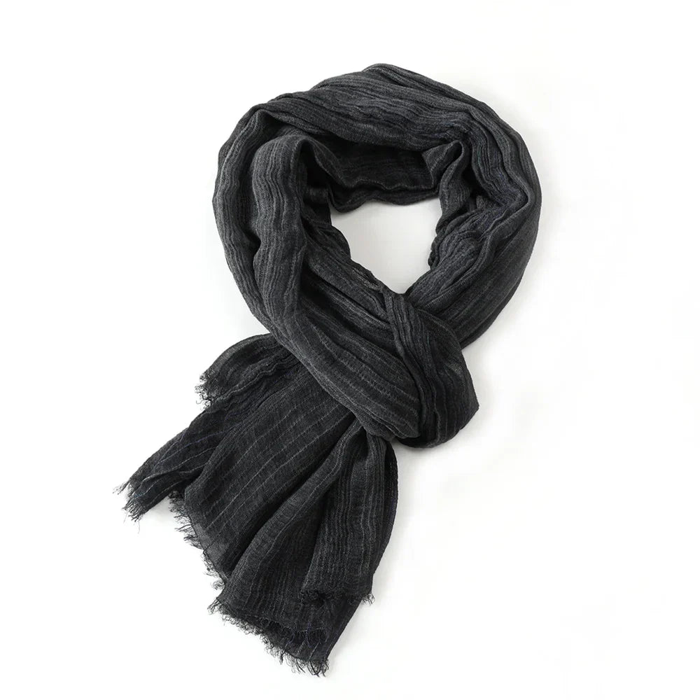 Scarf Cotton Linen Striped Lightweight With Fringe