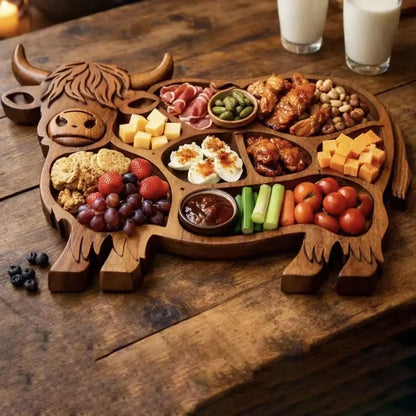 Serving Board Hand-Carved Highland Cow Multi-Compartment