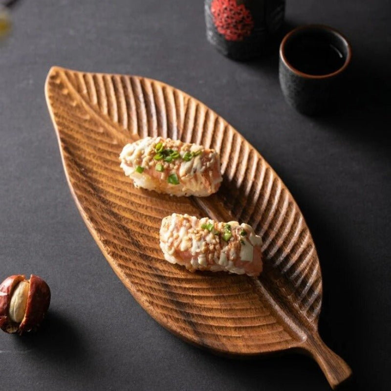 Serving Tray Carved Leaf Solid Wood Stem Handle