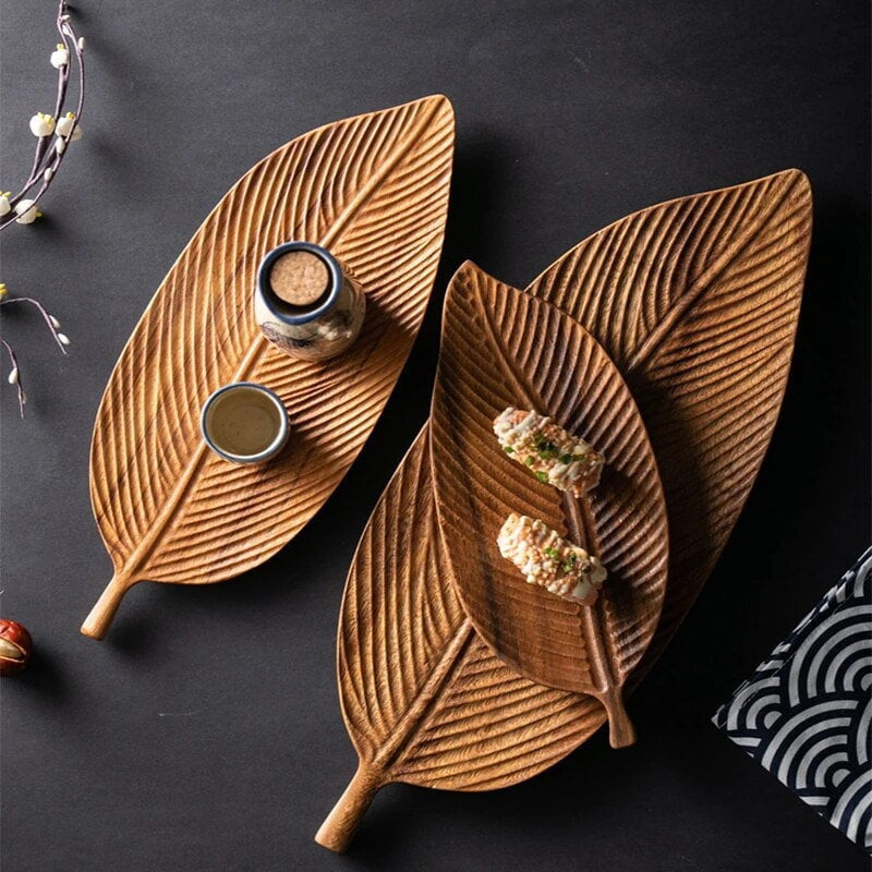 Serving Tray Carved Leaf Solid Wood Stem Handle