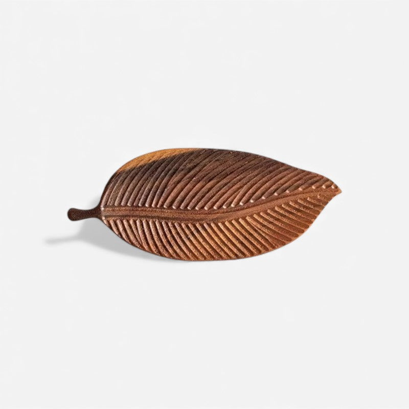 Serving Tray Carved Leaf Solid Wood Stem Handle