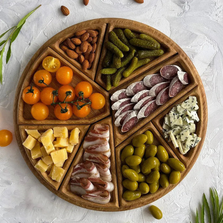 Serving Tray Round Wooden Removable Compartments Set of 8