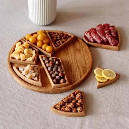Serving Tray Round Wooden Removable Compartments Set of 8