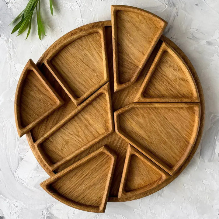 Serving Tray Round Wooden Removable Compartments Set of 8