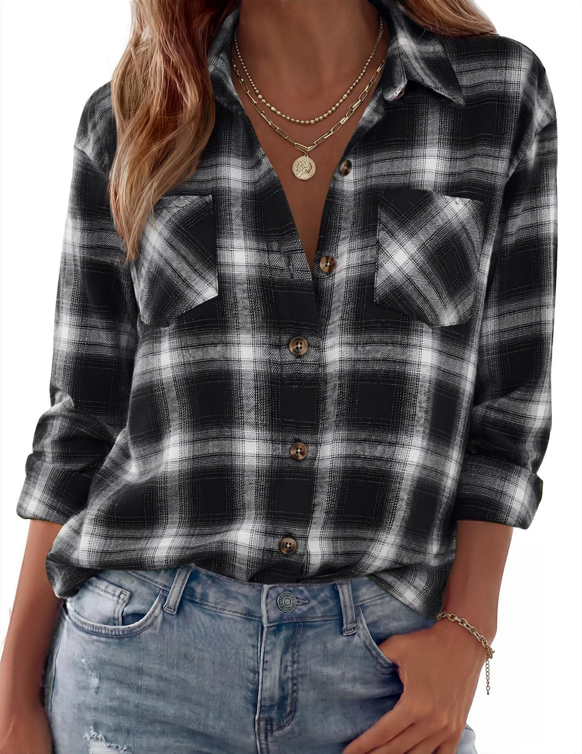 Shirt Jacket Soft Flannel Oversized Plaid Chest Pockets
