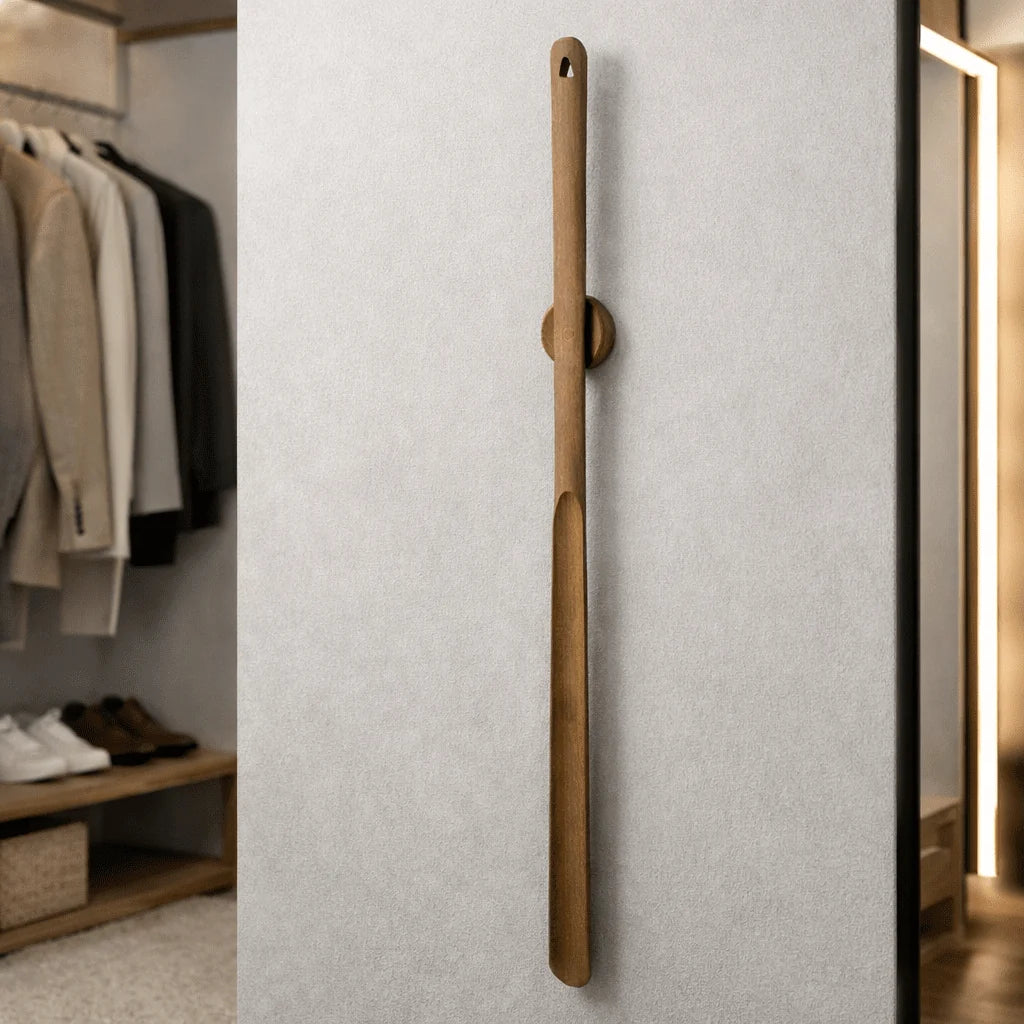 Shoe Horn Long Handle Solid Wood Magnetic Wall Mount