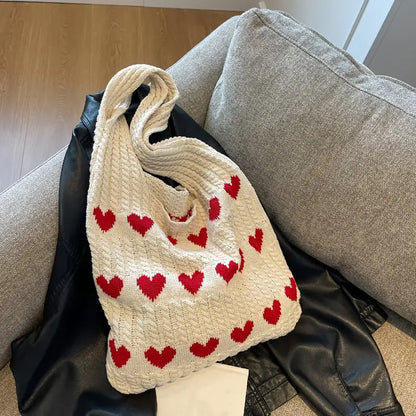 Shopping Bag Knitted Heart Pattern Foldable Lightweight