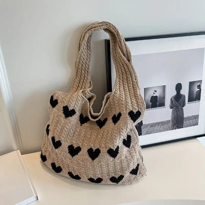 Shopping Bag Knitted Heart Pattern Foldable Lightweight