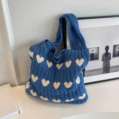 Shopping Bag Knitted Heart Pattern Foldable Lightweight