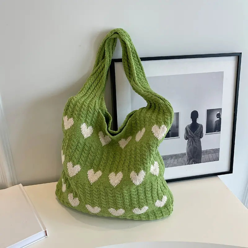 Shopping Bag Knitted Heart Pattern Foldable Lightweight