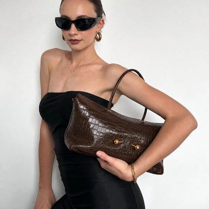 Shoulder Bag Crocodile-Texture Vegan Leather Spacious Interior