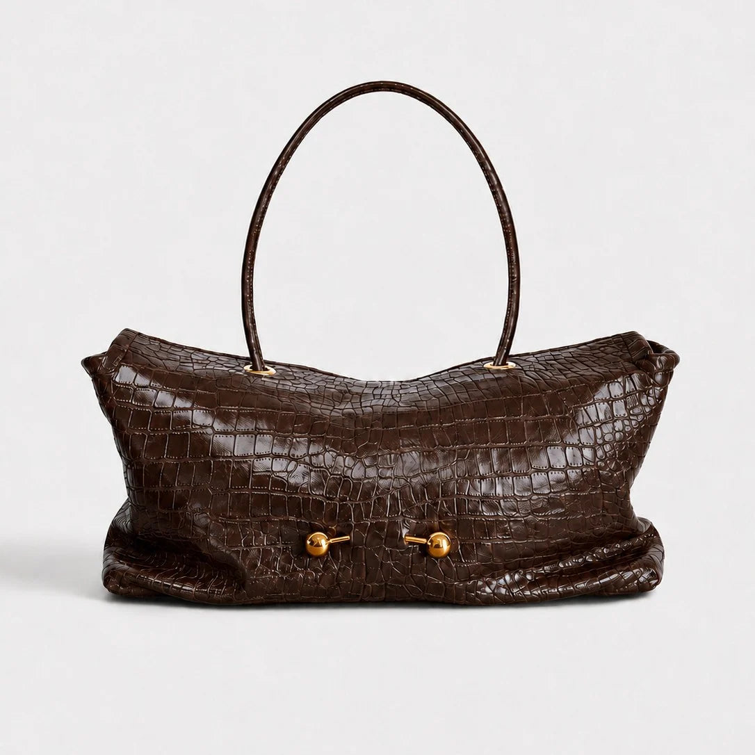 Shoulder Bag Crocodile-Texture Vegan Leather Spacious Interior