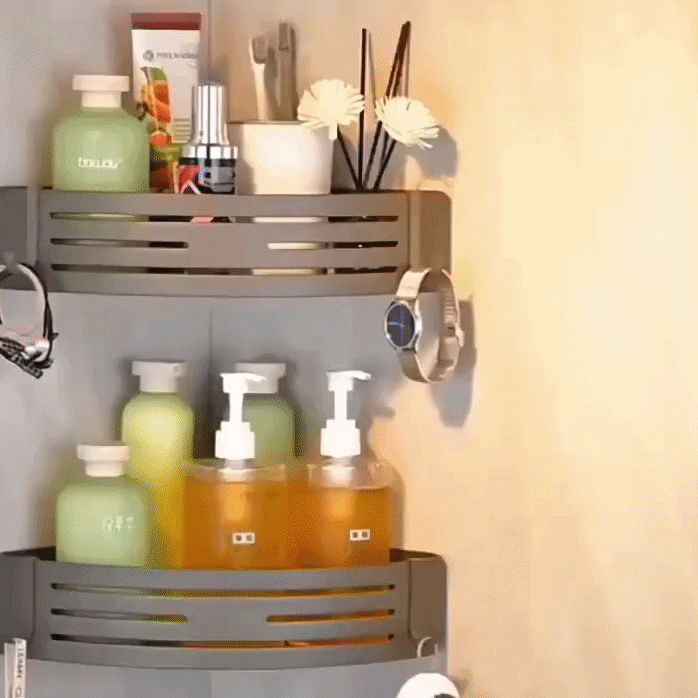 Shower Corner Shelf Set Drill-Free Aluminum Slatted Adjustable Shelves