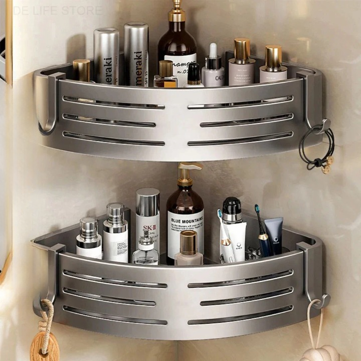 Shower Corner Shelf Set Drill-Free Aluminum Slatted Adjustable Shelves