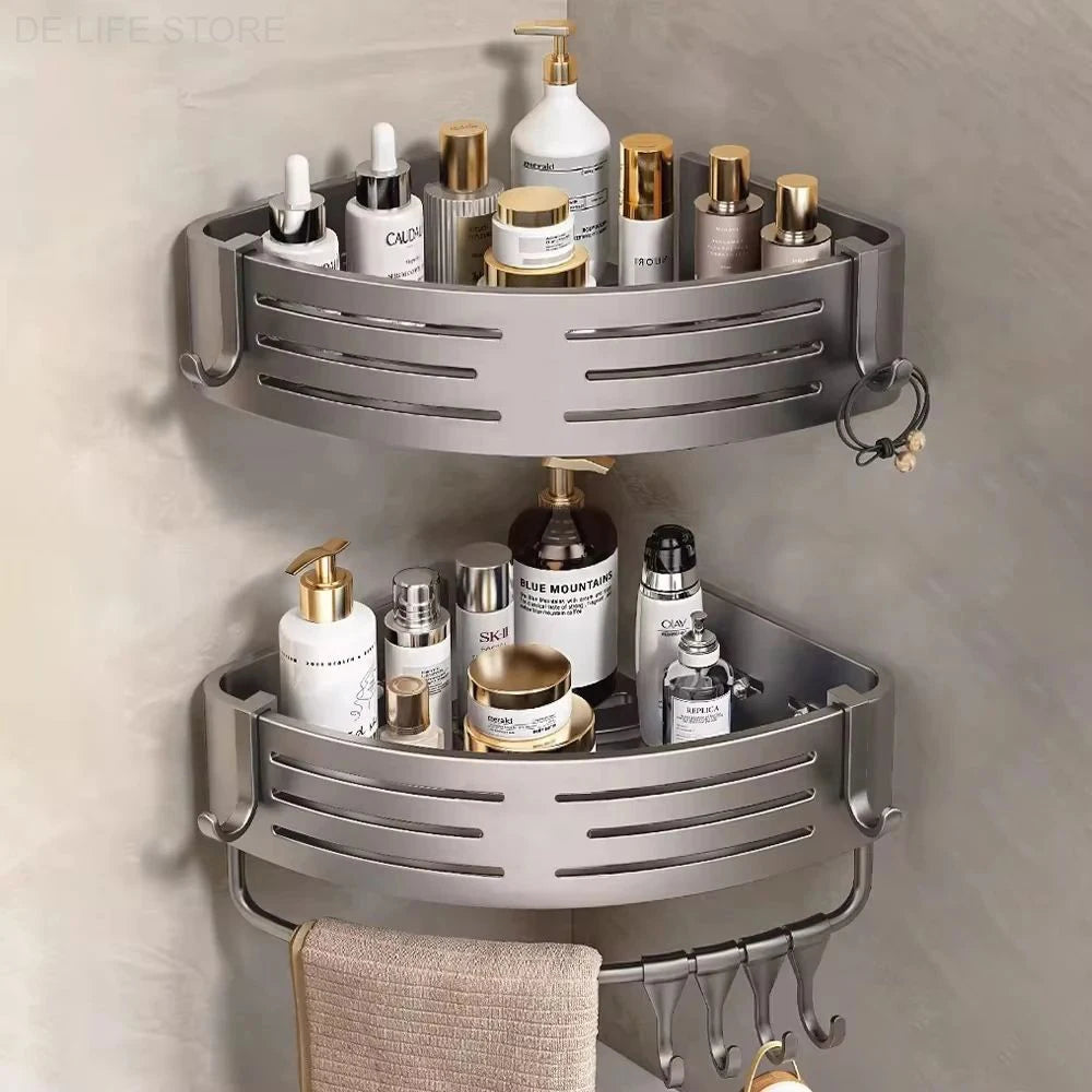 Shower Corner Shelf Set Drill-Free Aluminum Slatted Adjustable Shelves
