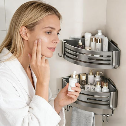 Shower Corner Shelf Set Drill-Free Aluminum Slatted Adjustable Shelves