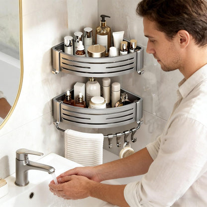 Shower Corner Shelf Set Drill-Free Aluminum Slatted Adjustable Shelves